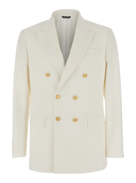 Sacou Double-breasted Jacket with Peak Revers in Virgin Wool Blend and Cotton White Men