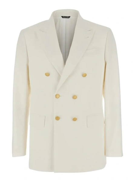 Sacou Double-breasted Jacket with Peak Revers in Virgin Wool Blend and Cotton White Men