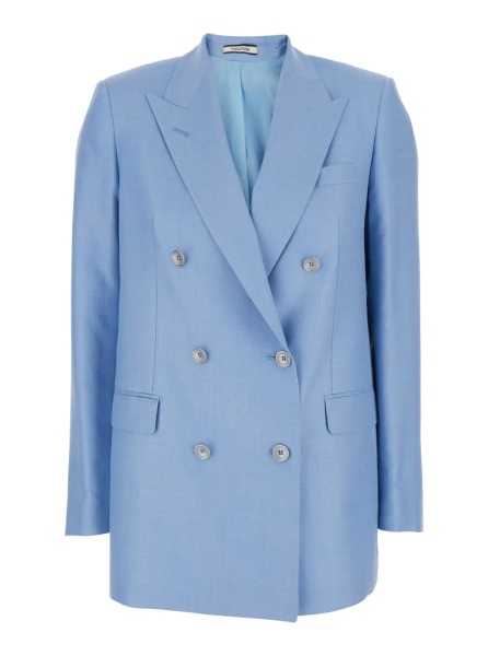 Sacou Double-breasted 'Jasmine' Jacket with Peak Revers and Jewel Buttons in Blue Wool Blend for Women