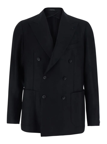 Sacou 'Montecarlo' Black double-breasted jacket with Peak revers and pin on the front in wool for men
