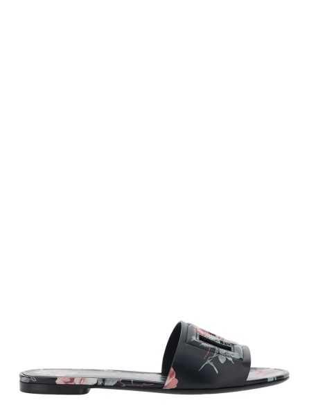 Sandale Black Leather Slide Sandals with Cut Out DG Logo and Floral Motif for Women