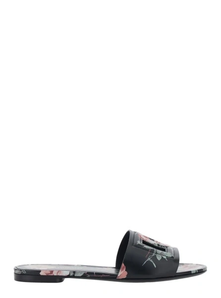 Sandale Black Leather Slide Sandals with Cut Out DG Logo and Floral Motif for Women