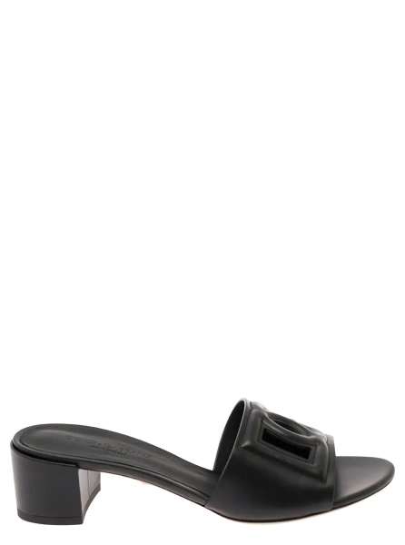 Sandale Black Mules with Low Heel and DG Cut-Out in Smooth Leather Woman