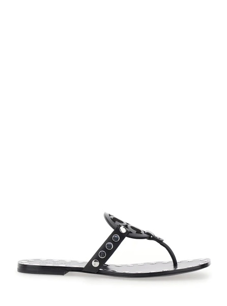 Sandale Black Thong Sandals with Logo on the Front and Stud Embellishments in Leather Woman