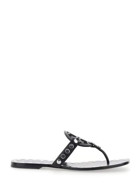 Sandale Black Thong Sandals with Logo on the Front and Stud Embellishments in Leather Woman