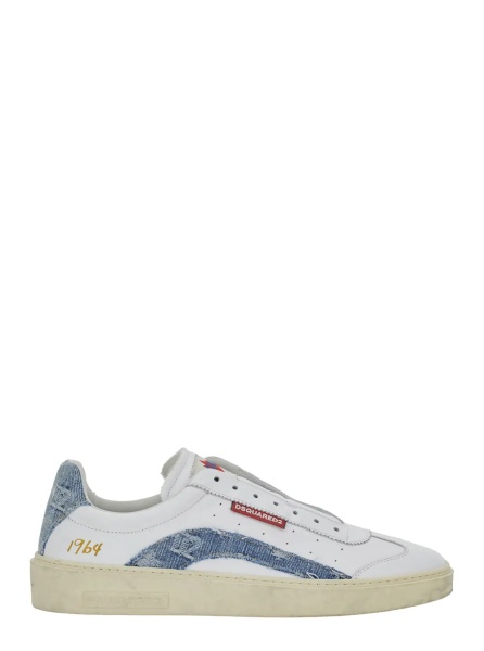 Sneakers White Low Top Sneakers with Denim Panels and Distressed Effect in Leather Man