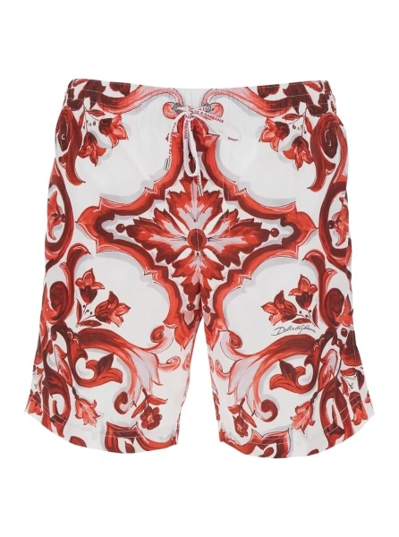 Sorturi Bordeaux swim shorts with drawstring waist and all-over Maiolica print in tech fabric for men