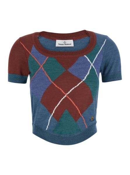 Topuri blue crop top with Argyle Motif and embroidered logo on the front in wool Women