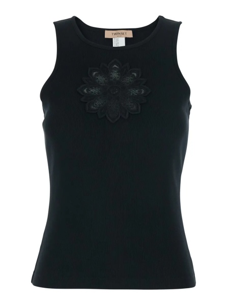 Topuri Sleeveless Top with Tone-on-Tone Floral Embroidery on the Front in Black Cotton for Women