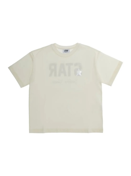 Tricou Beige Crew-neck T-shirt with star patch on the front and logo lettering on the back in cotton Boy