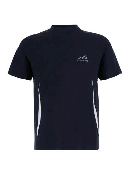 Tricou Black Crew Neck T-Shirt with Logo Lettering on Front and Back in Tech Fabric Stretch for Men