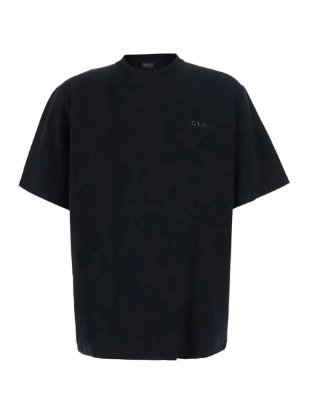 Tricou Black Crewneck T-shirt with Logo lettering on the front in cotton for men