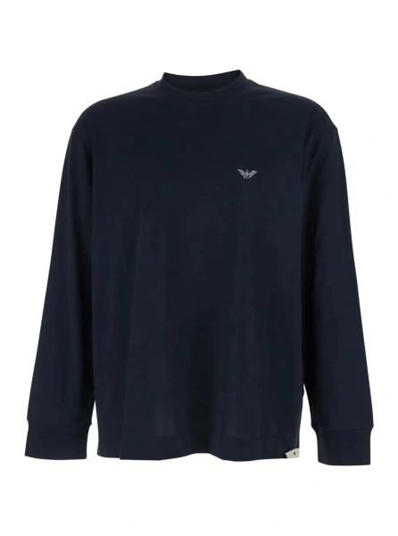 Tricou Blue Long-Sleeve Crewneck T-Shirt with Logo Embroidery on the Front in Cotton Man