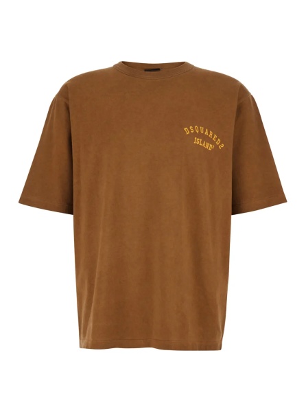 Tricou Brown Crew Neck T-shirt with Logo Print on the Front in Cotton for Men