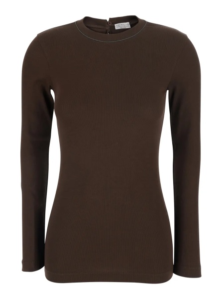 Tricou Brown Crew neck T-shirt with Monil detail on the neck and keyhole closure at the back in cotton for women