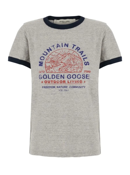 Tricou Grey Crew-neck T-Shirt with contrasting collar and cuffs and logo print on the front in cotton for women