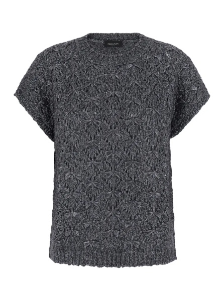Tricou Grey T-SHIRT with round neck and braided work in wool Blend women