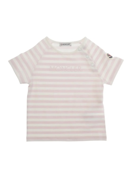 Tricou Pink Crew neck T-shirt with button closure on the neck and all-over striped motif in cotton baby