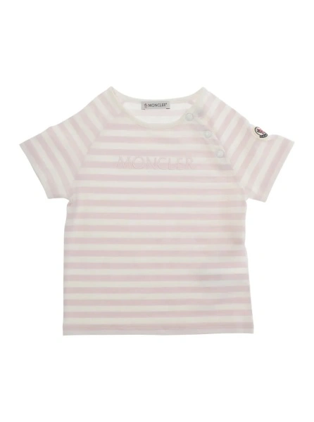 Tricou Pink Crew neck T-shirt with button closure on the neck and all-over striped motif in cotton baby