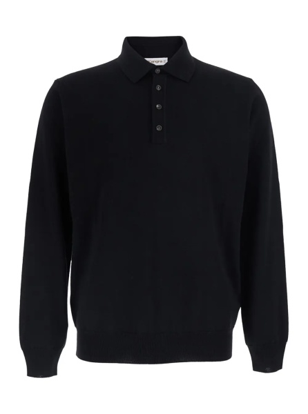Tricou Polo black Polo Shirt with four-button closure in merino wool for men