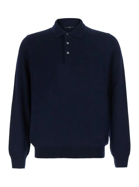 Tricou Polo Blue Sweater with Polo Style Collar in Wool Blend for Men