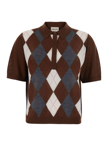 Tricou Polo 'DIANA' brown Sweater with polo collar and motif with diamonds in virgin wool for women