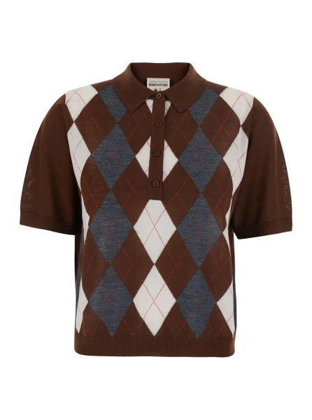 Tricou Polo 'DIANA' brown Sweater with polo collar and motif with diamonds in virgin wool for women