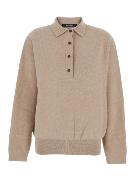 Tricou Polo 'La Maille Vareuse Pallone' Beige Sweater with Polo Shirt Style Collar in Wool and Cashmere Stretch Woman