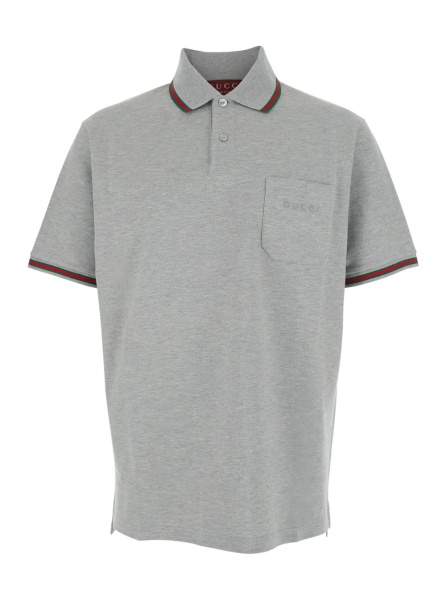 Tricou Polo Polo Shirt with Web Details and Lettering Logo on the Front in Grey Wool Blend for Men