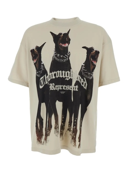 Tricou T-Shirt 'Thoroughbred' with Doberman Graphic Print and Lettering Logo on the Front in Beige Cotton for Men