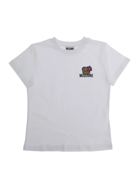Tricou White Cotton Crew Neck T-Shirt with Front Logo for Girls