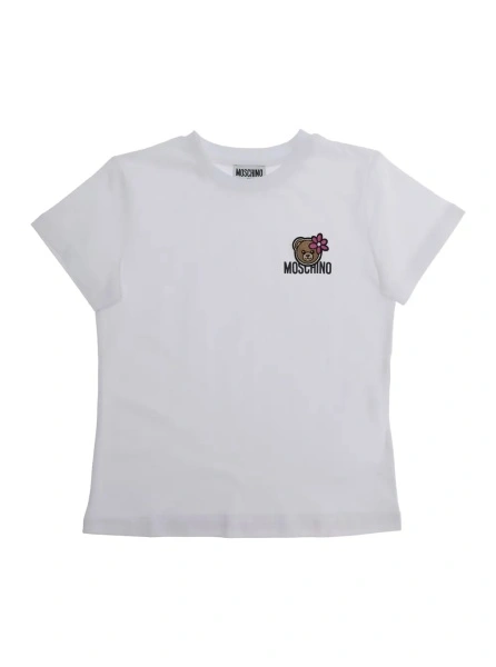 Tricou White Cotton Crew Neck T-Shirt with Front Logo for Girls