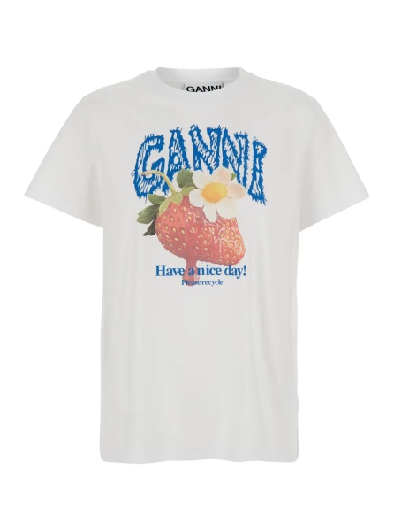 Tricou White Crew neck T-shirt with large logo lettering print and strawberries on the front in cotton for women