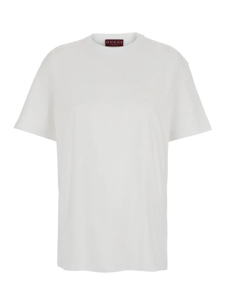 Tricou White Crew Neck T-Shirt with Tone-on-Tone Horsebit Embroidery on the Front in Cotton Women