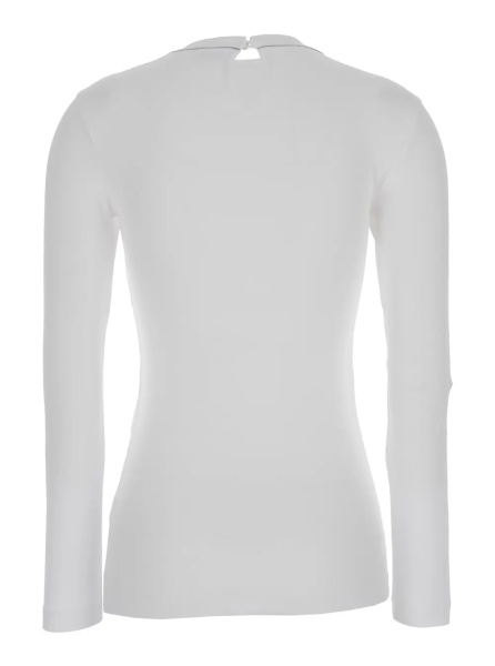 Tricou White Long Sleeve T-shirt with Round Neck and Monile Details in Cotton Women