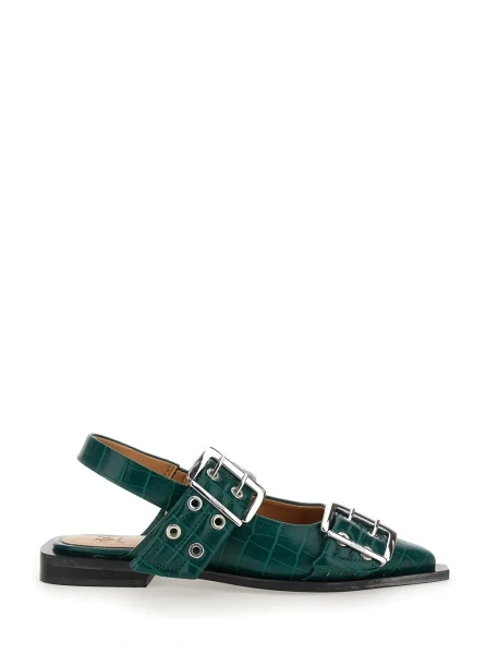 Balerini Green Ballet Shoes with Double Buckle and Pointed Design in Leather Woman