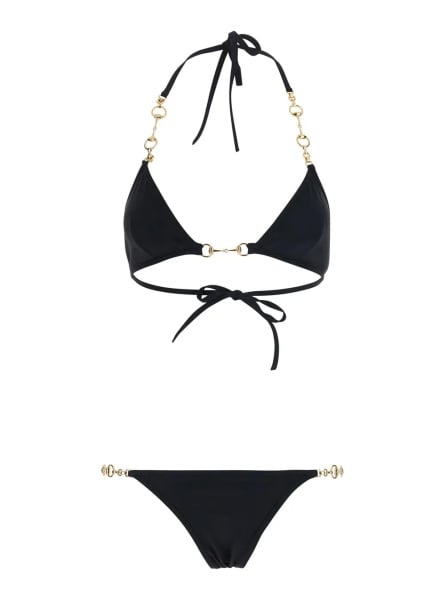 Bikini Black Bikini with triangle top and adjustable closure with Horsebit in stretch cotton for women
