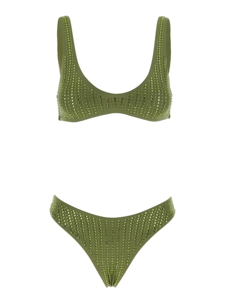Bikini High-Cut 'Green' Bikini with Brazilian Cut Brief and All-Over Sequin Stripe Decoration in Stretch Tech Fabric for Women