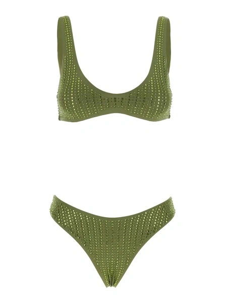 Bikini High-Cut 'Green' Bikini with Brazilian Cut Brief and All-Over Sequin Stripe Decoration in Stretch Tech Fabric for Women