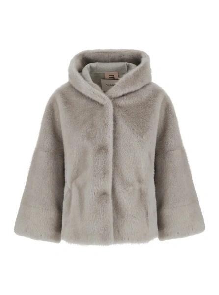 Blanuri Gray Short Shearling Jacket with fixed hood in ecofur for women