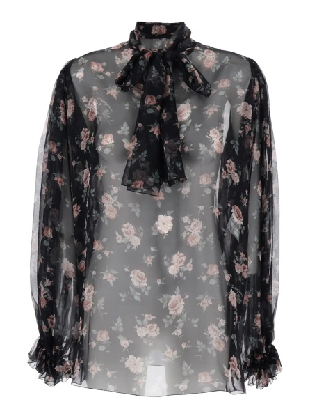 Bluza Black Floral Print Blouse with Front Knot in Chiffon for Women
