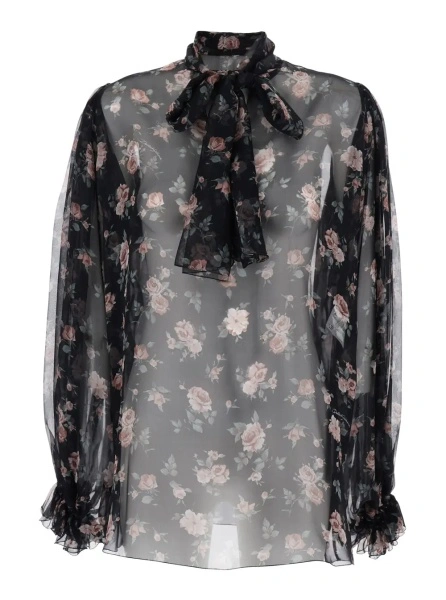 Bluza Black Floral Print Blouse with Front Knot in Chiffon for Women