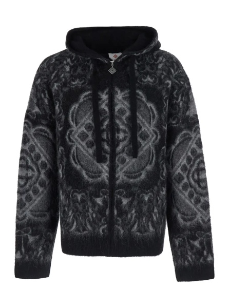 Bluza trening Black Hooded cardigan with geometric motif in wool for men