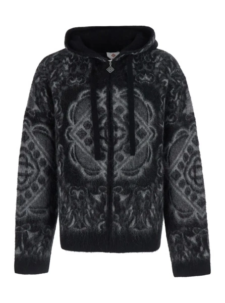 Bluza trening Black Hooded cardigan with geometric motif in wool for men