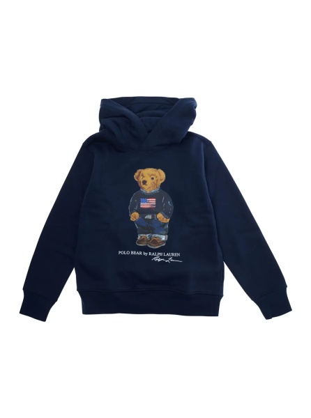 Bluze Blue Hoodie with Fixed Hood and Polo Bear Print on the Front in Cotton Blend Boy