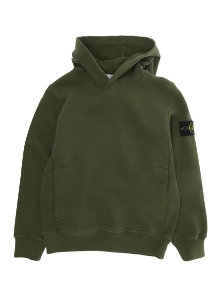 Bluze Green Hoodie with Fixed Hood and Logo Patch on Sleeve in Cotton Boy