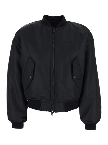 Bomber Bomber Jacket with High Collar and Two Side Pockets in Black Tech Fabric for Women