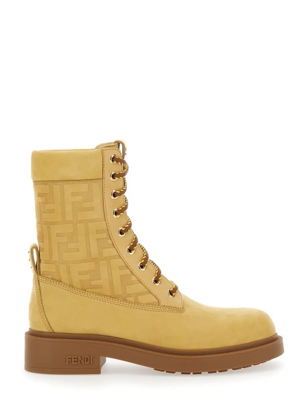 Botine Yellow Combat Boots with Tone-on-Tone FF Motif and Side Logo in Leather for Women
