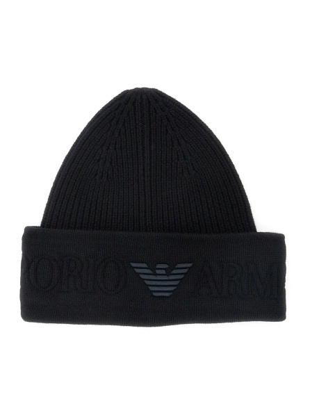 Caciula Black Beanie with Maxi Logo Embroidery on the Front in Wool Man