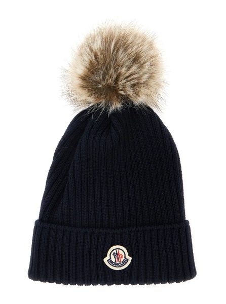 Caciula Blue beanie with Pompon and logo patch on the front in wool Girl